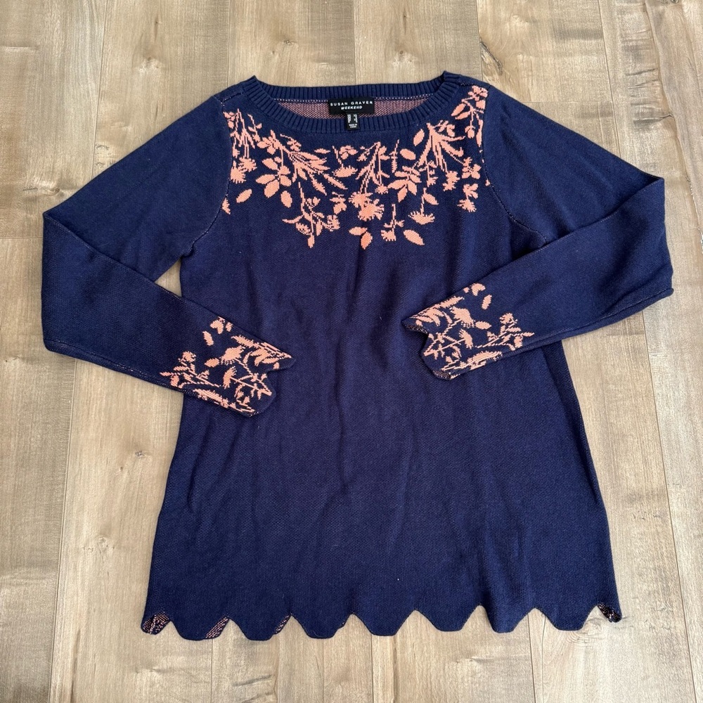Susan Graver Weekend Sweater Tunic XS Navy Coral Scalloped Edge Soft Floral